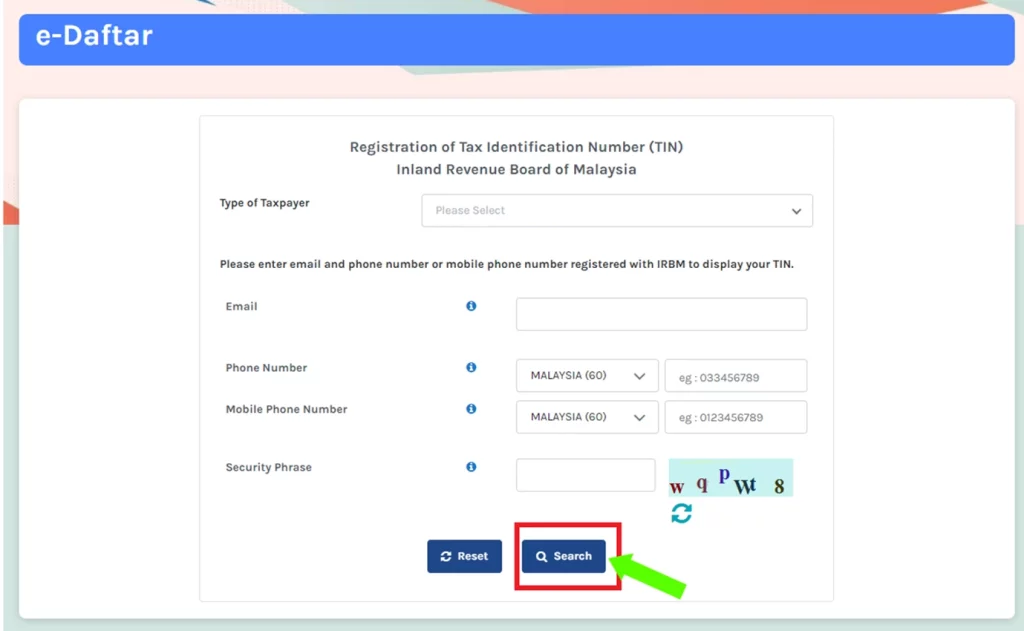 Search to check for register and receive TIN